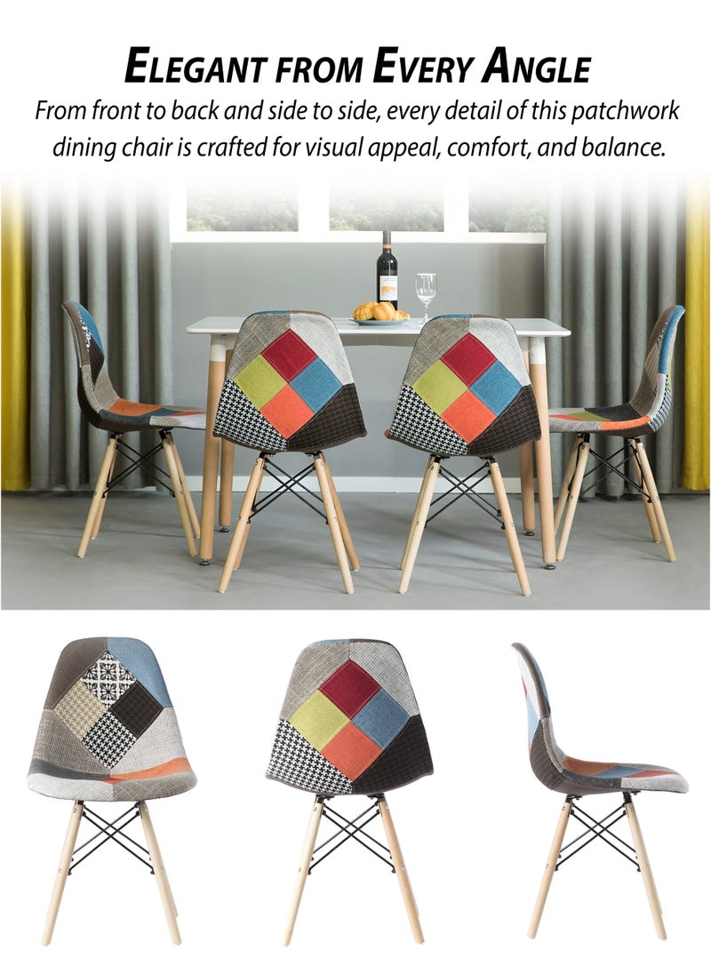 DBLEW - Set of 2 Patchwork Upholstered Accent Chairs with Wooden Legs And Metal Support Mid-Century Modern Multicolor Dining Chairs Linen Fabric for Home, Kitchen, Living Room, Entryway, Study Room, Lounge, Café, Hotel, Restaurant, Balcony, Office Ergonomic Polypropylene Shell, 120kg Load Capacity - Image 1