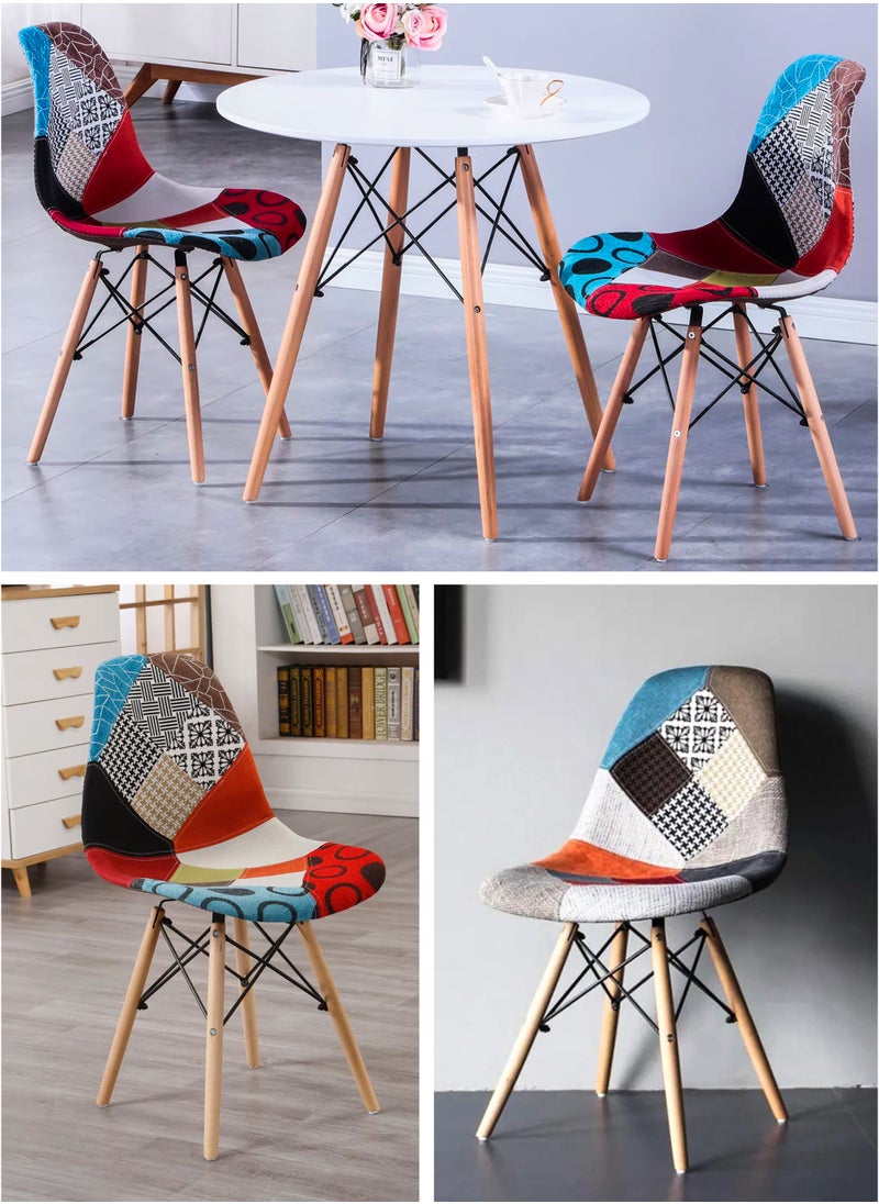 DBLEW - Set of 2 Patchwork Upholstered Accent Chairs with Wooden Legs And Metal Support Mid-Century Modern Multicolor Dining Chairs Linen Fabric for Home, Kitchen, Living Room, Entryway, Study Room, Lounge, Café, Hotel, Restaurant, Balcony, Office Ergonomic Polypropylene Shell, 120kg Load Capacity - Image 1