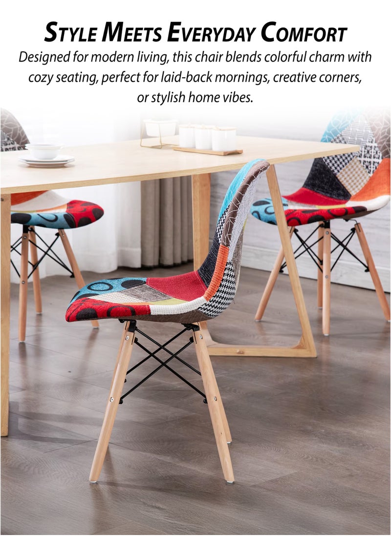 DBLEW - Set of 2 Patchwork Upholstered Accent Chairs with Wooden Legs And Metal Support Mid-Century Modern Multicolor Dining Chairs Linen Fabric for Home, Kitchen, Living Room, Entryway, Study Room, Lounge, Café, Hotel, Restaurant, Balcony, Office Ergonomic Polypropylene Shell, 120kg Load Capacity - Image 1
