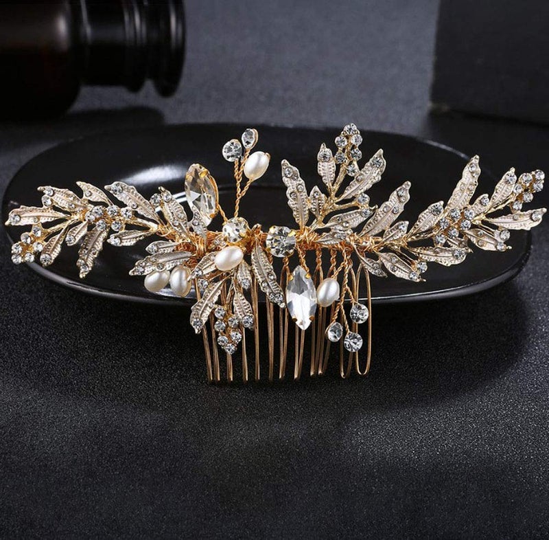 Denifery Vintage Wedding Headpiece  Gold Rhinestone Pearls Flower and Leaf Crystal Hair Comb for Women Bridal Hair Accessories