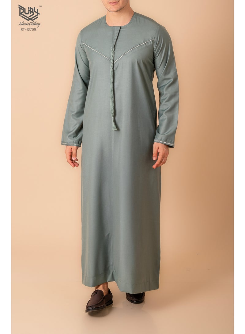 RUBY ISLAMIC CLOTHING Classic  Emirati Kandura Thobe for Men with Zipper & Intricate Embroidery Men's Kaftan Round Neck Long Sleeve Saudi Arabian Muslim Robe - Image 1