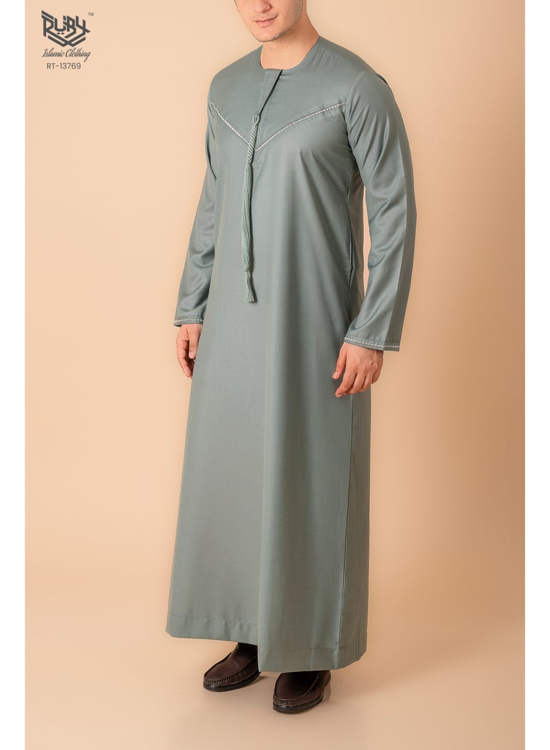 RUBY ISLAMIC CLOTHING Classic  Emirati Kandura Thobe for Men with Zipper & Intricate Embroidery Men's Kaftan Round Neck Long Sleeve Saudi Arabian Muslim Robe - Image 3