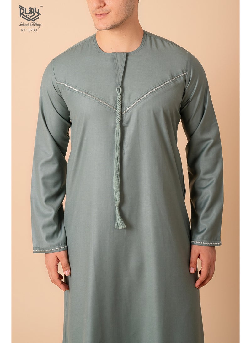 RUBY ISLAMIC CLOTHING Classic  Emirati Kandura Thobe for Men with Zipper & Intricate Embroidery Men's Kaftan Round Neck Long Sleeve Saudi Arabian Muslim Robe - Image 4