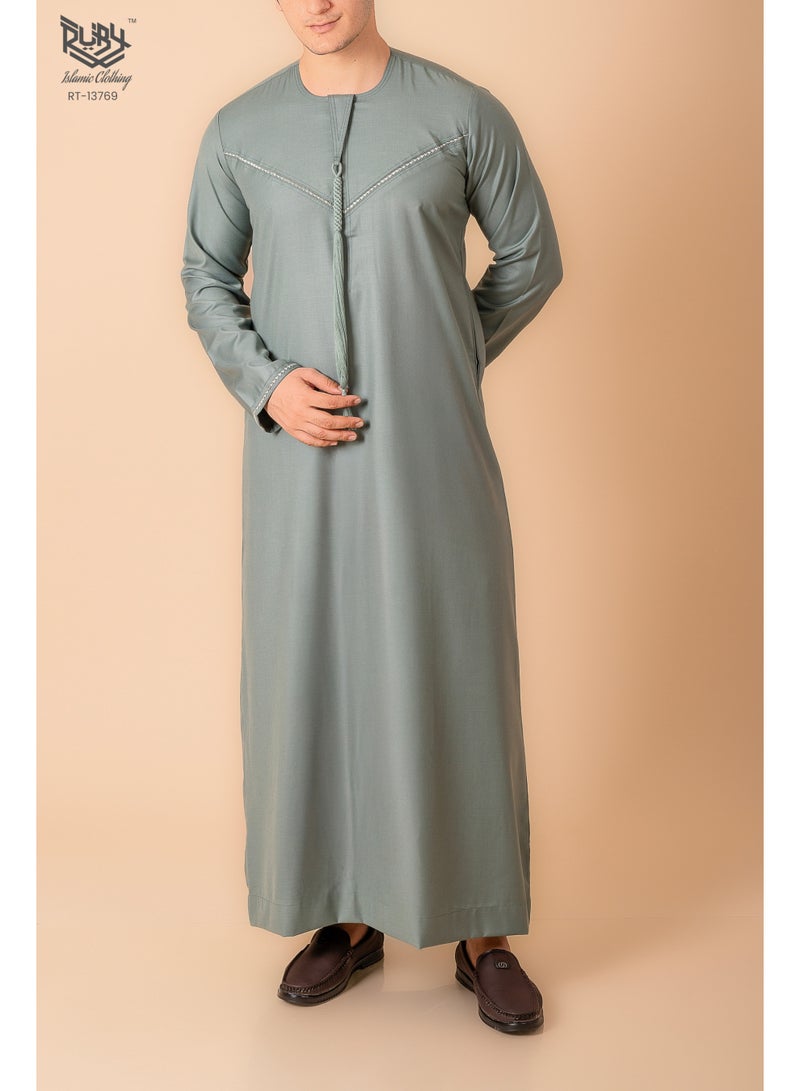 RUBY ISLAMIC CLOTHING Classic  Emirati Kandura Thobe for Men with Zipper & Intricate Embroidery Men's Kaftan Round Neck Long Sleeve Saudi Arabian Muslim Robe - Image 2