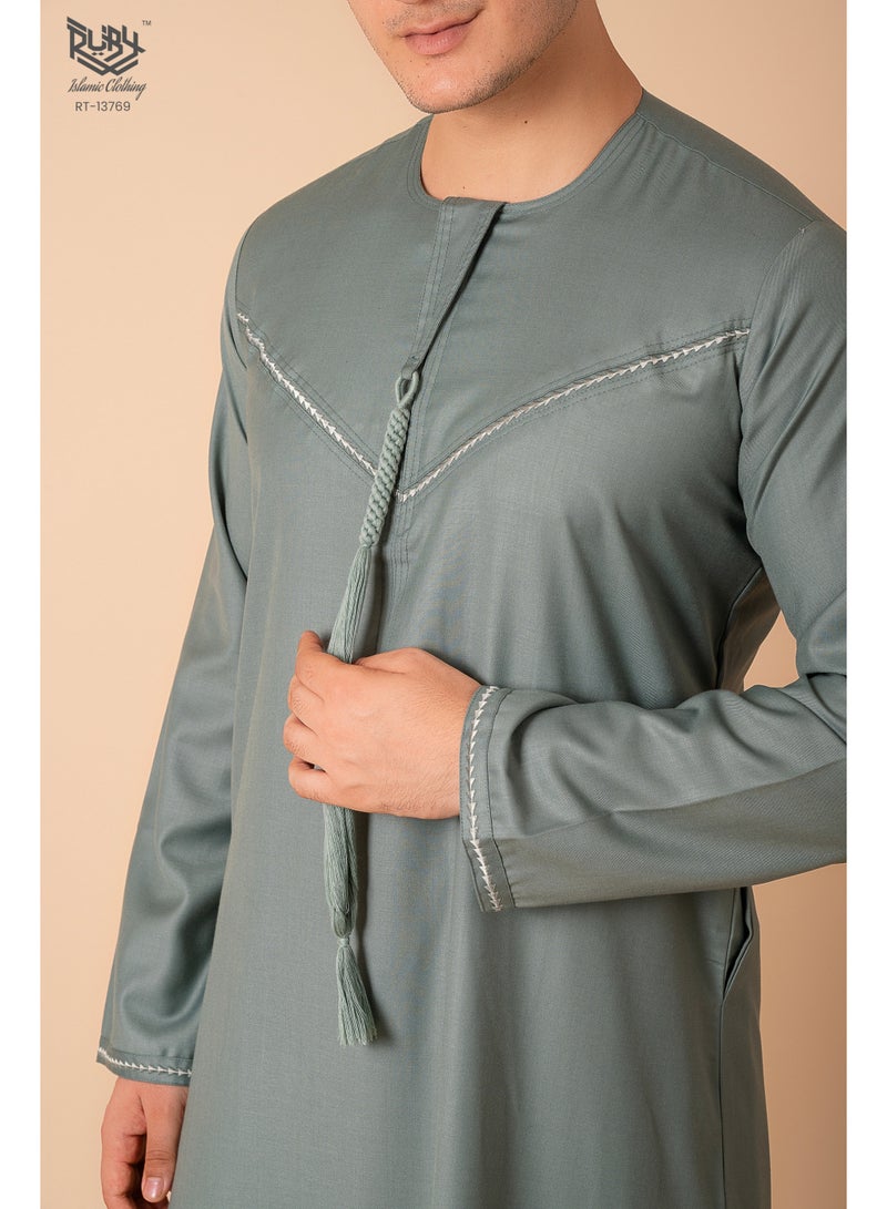 RUBY ISLAMIC CLOTHING Classic  Emirati Kandura Thobe for Men with Zipper & Intricate Embroidery Men's Kaftan Round Neck Long Sleeve Saudi Arabian Muslim Robe - Image 5