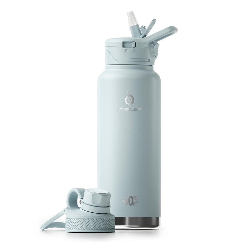 زجاجة ماء معزولة من الفولاذ المقاوم للصدأ IDEUS مع 2 غطاء مانع للتسرب زجاجة ماء حرارية للتنزه وركوب الدراجات 40 أونصة أزرق فاتح