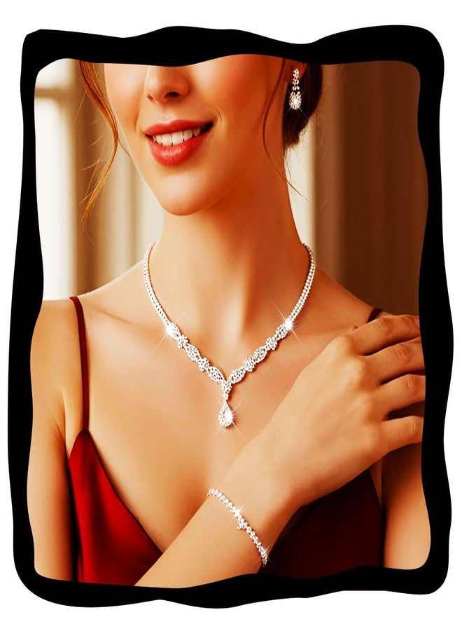 جورايس طقم مجوهرات زفاف فضي من GORAIS، يتضمن قلادة وأقراط وسوار مرصعة بأحجار الراين، مجوهرات زفاف رسمية مرصعة بالكريستال للنساء - Image 1