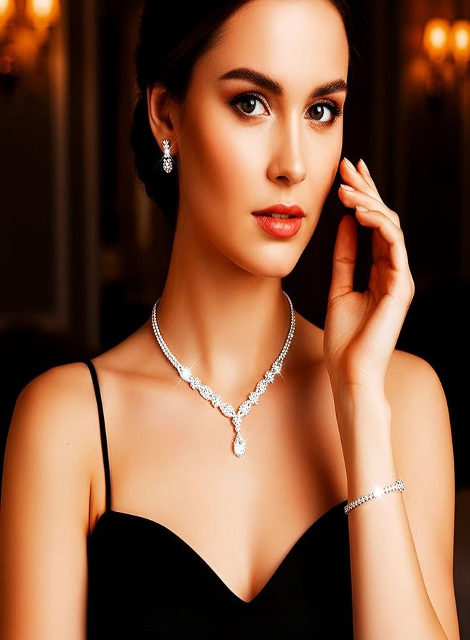 جورايس طقم مجوهرات زفاف فضي من GORAIS، يتضمن قلادة وأقراط وسوار مرصعة بأحجار الراين، مجوهرات زفاف رسمية مرصعة بالكريستال للنساء - Image 4