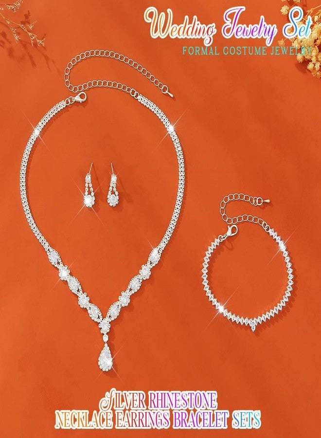 جورايس طقم مجوهرات زفاف فضي من GORAIS، يتضمن قلادة وأقراط وسوار مرصعة بأحجار الراين، مجوهرات زفاف رسمية مرصعة بالكريستال للنساء - Image 5
