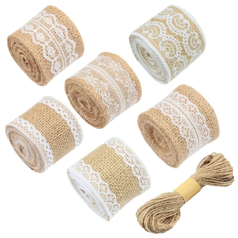 6 Rolls Natural Burlap Ribbon with White Lace and 32 Feet Jute Twine for DIY Home Decoration Wedding Party and Gift Packaging