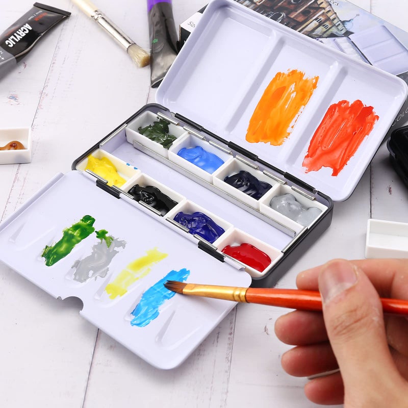 LOONENG Metal Watercolor Tin with Fold-Out Palette, Small Tray Palette with 8 Empty Full Pans for Plein Air, Acrylic and Oil Painting - Image 5