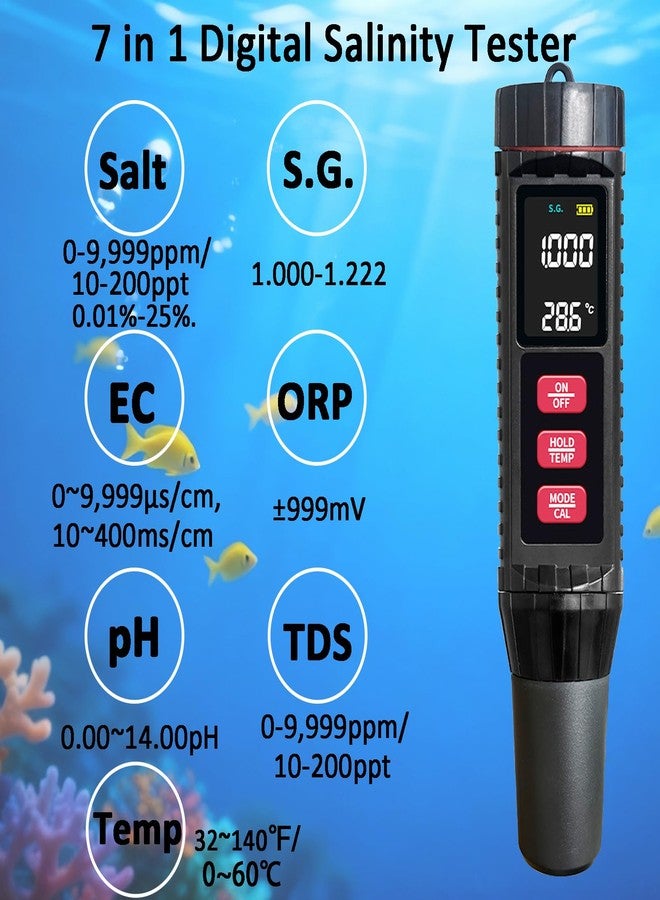 Hallocool جهاز قياس الملوحة الرقمي الانكساري، جهاز اختبار ملح أحواض السمك 7 في 1 لمراقبة درجة الحموضة، والتوصيل الكهربائي، وإجمالي المواد الصلبة الذائبة، وإمكانية الأكسدة والاختزال، ودرجة الحرارة، والملوحة، والكثافة النوعية للماء، مناسب لحمامات السباحة والزراعة المائية وتربية الأحياء المائية البحرية - Image 2