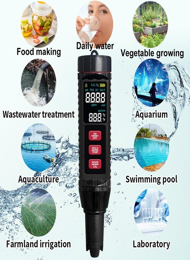 Hallocool جهاز قياس الملوحة الرقمي الانكساري، جهاز اختبار ملح أحواض السمك 7 في 1 لمراقبة درجة الحموضة، والتوصيل الكهربائي، وإجمالي المواد الصلبة الذائبة، وإمكانية الأكسدة والاختزال، ودرجة الحرارة، والملوحة، والكثافة النوعية للماء، مناسب لحمامات السباحة والزراعة المائية وتربية الأحياء المائية البحرية - Image 4