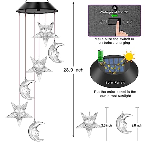WENANA Solar Wind Chimes Outdoor Color Changing Lights Gift for Women Mom Grandma Sister Best Gifts Wind Chimes Unique Outdoor Garden Yard Decor Star and Moon - Image 3