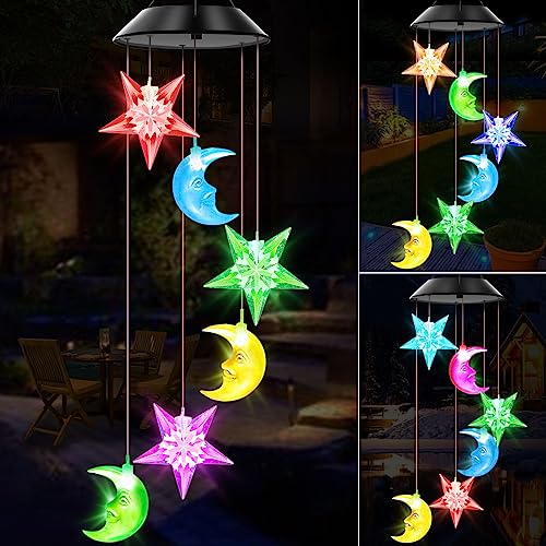 WENANA Solar Wind Chimes Outdoor Color Changing Lights Gift for Women Mom Grandma Sister Best Gifts Wind Chimes Unique Outdoor Garden Yard Decor Star and Moon - Image 1