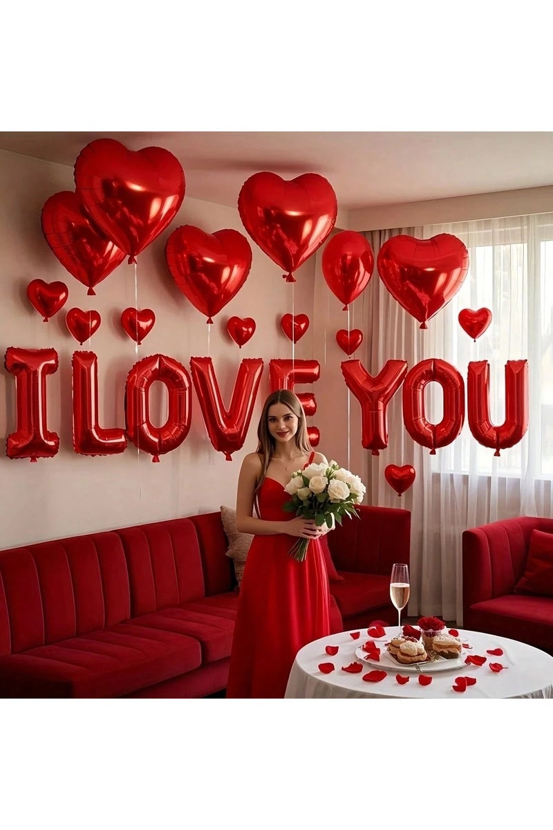 Anniversary Party Decoration – 14-Piece Balloon Set Featuring 6 Red Heart Balloons and "I LOVE YOU" Letter Balloons – Perfect for Celebrating Anniversaries, Valentine's Day, Birthdays, and All Special Occasions  - Image 1