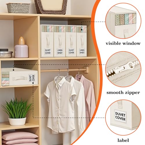 WOWBOX Sheet Organizers and Storage,Closet Bed Sheet Organizer Under Bed Storage and Organization with Label Cards & Clear Window for Bedding Sheets,Duvet Covers,Blankets (6 Pack，Beige) - Image 2