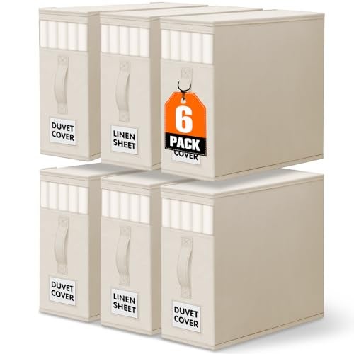 WOWBOX Sheet Organizers and Storage,Closet Bed Sheet Organizer Under Bed Storage and Organization with Label Cards & Clear Window for Bedding Sheets,Duvet Covers,Blankets (6 Pack，Beige) - Image 1