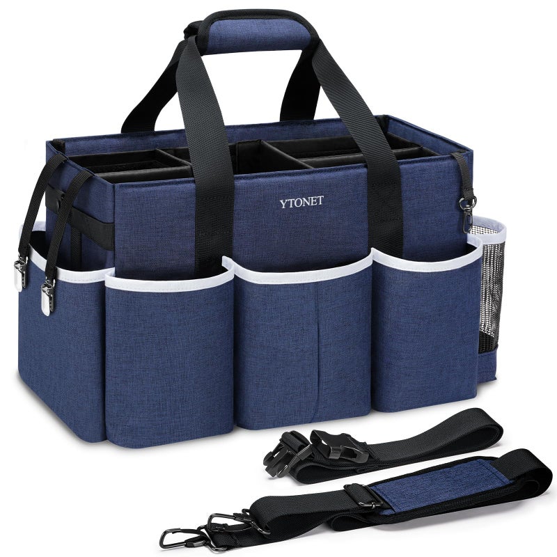 Ytonet Wearable Cleaning Caddy Bag, Large Cleaning Supplies Organizer with 4 Foldable Dividers, Kitchen Caddy Organizer with Handle & Adjustable Shoulder Straps for Cleaners & Housekeeper, Blue - Image 1