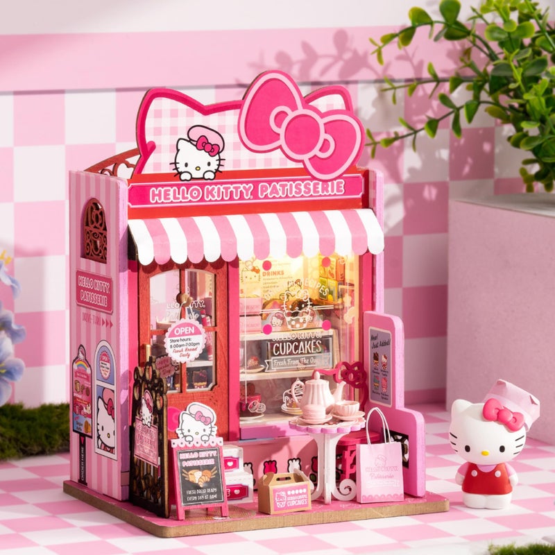 Hands Craft Hello Kitty Patisserie Miniature House Kit with Hello Kitty Figurine â€“ Kawaii 3D Puzzle with Switch Activated LED Lights â€“ DIY Wooden Craft Kit for Bedroom or Bookshelf Decor & Gifts - Image 2