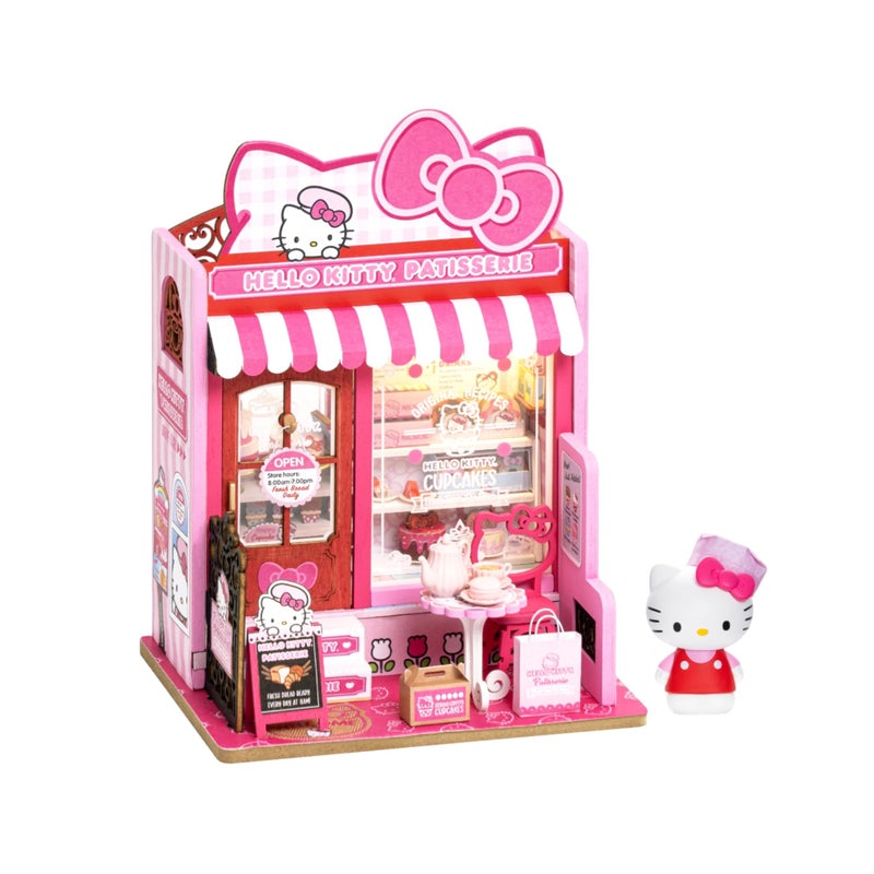 Hands Craft Hello Kitty Patisserie Miniature House Kit with Hello Kitty Figurine â€“ Kawaii 3D Puzzle with Switch Activated LED Lights â€“ DIY Wooden Craft Kit for Bedroom or Bookshelf Decor & Gifts - Image 1