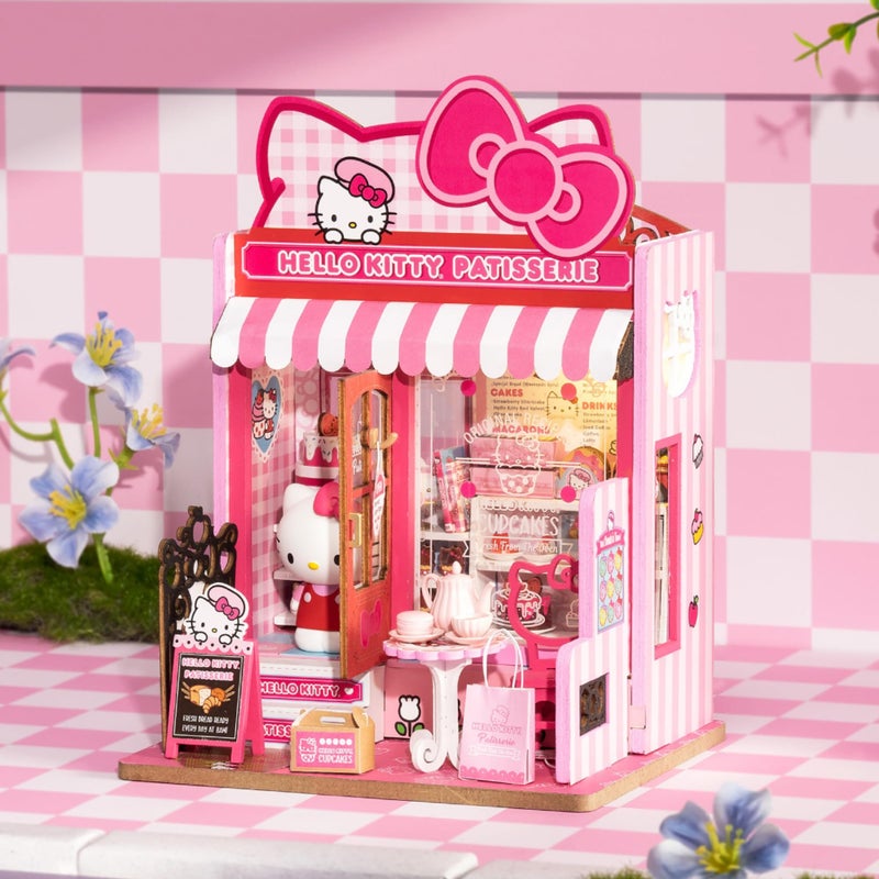 Hands Craft Hello Kitty Patisserie Miniature House Kit with Hello Kitty Figurine â€“ Kawaii 3D Puzzle with Switch Activated LED Lights â€“ DIY Wooden Craft Kit for Bedroom or Bookshelf Decor & Gifts - Image 3