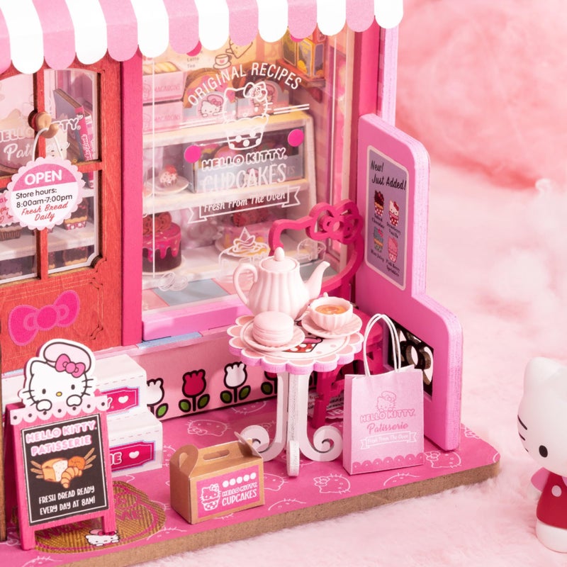 Hands Craft Hello Kitty Patisserie Miniature House Kit with Hello Kitty Figurine â€“ Kawaii 3D Puzzle with Switch Activated LED Lights â€“ DIY Wooden Craft Kit for Bedroom or Bookshelf Decor & Gifts - Image 4