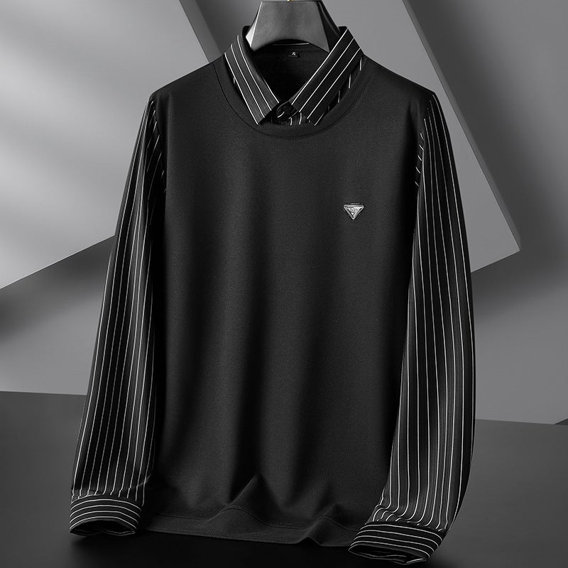 Autumn and Winter plus size men's T-shirt top long sleeve plus size large fat business trend fake two-piece striped T-shirt - Image 3