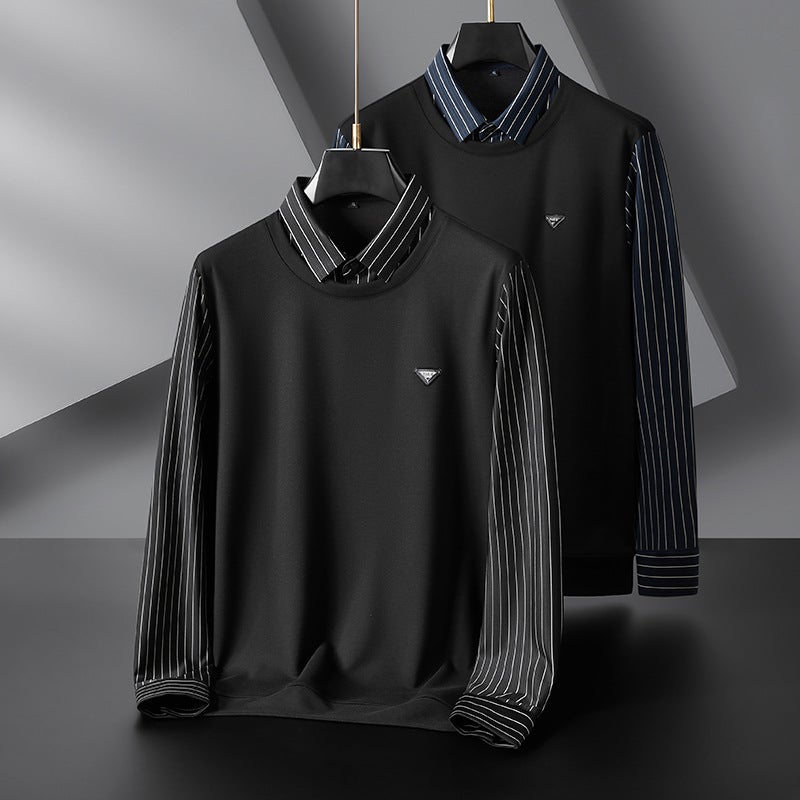 Autumn and Winter plus size men's T-shirt top long sleeve plus size large fat business trend fake two-piece striped T-shirt - Image 5