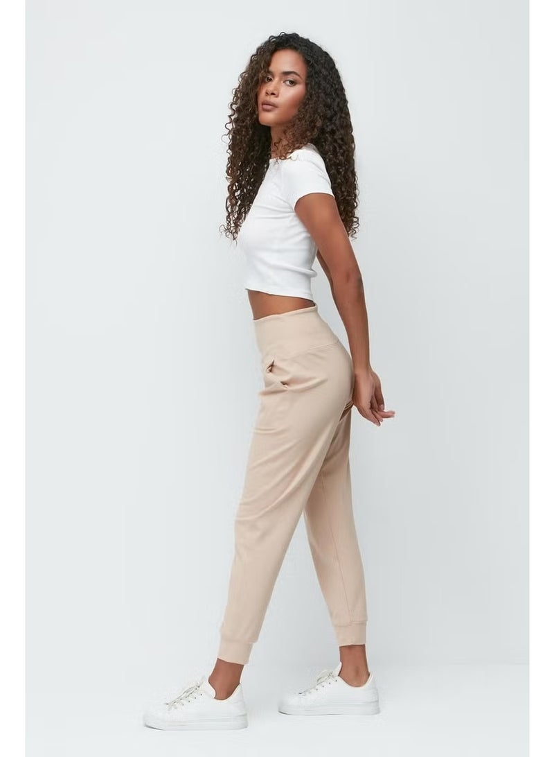 C&city High Waist Cuffed Leg Jogger Sweatpants 811 Beige - Image 4