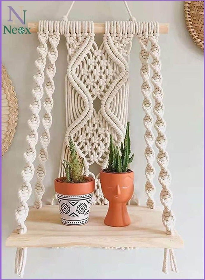 Neox Wall Decoration Handmade Bohemian Shelves Hanging Wooden Indoor Wall Hanging Shelf, Wall Stand Wall Shelf  Home Storage Shelves, Wall Art Decor, Bathroom Shelf, Home Display Rack for Home Decoration - Image 1
