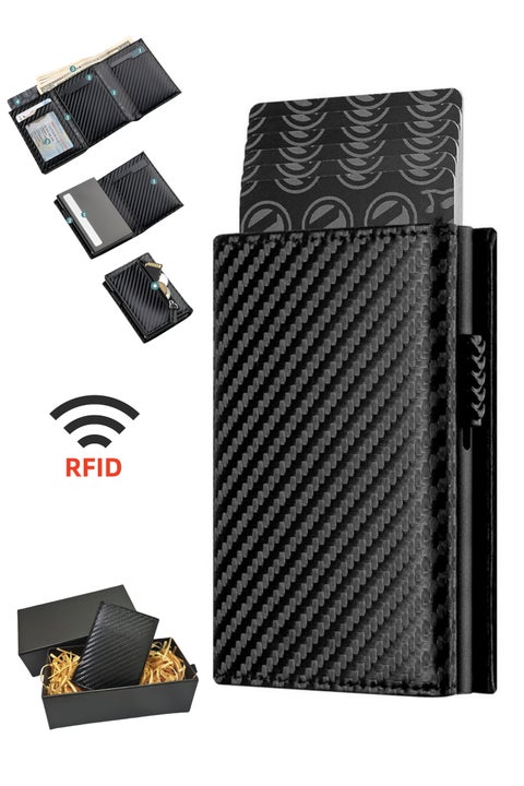 محفظة بطاقات ائتمانية رجالية مضادة للسرقة الإلكترونية - جلد طبيعي مع آلية طرد البطاقات، جيب أوراق نقدية ونافذة هوية وحجرة عملات وإغلاق مغناطيسي (هدية رجالية)