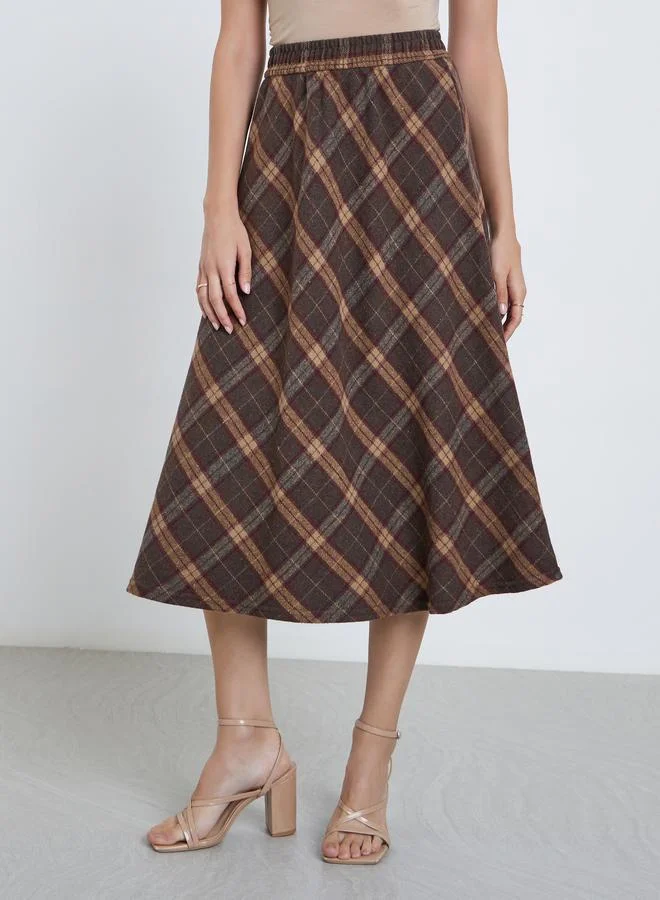 Styli Styli Checked Print A-Line Midi Skirt