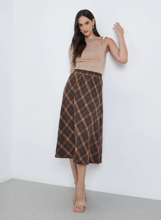 Styli Styli Checked Print A-Line Midi Skirt