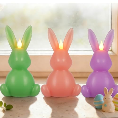 Leorate 3PCS Easter Bunny Flameless Candles – 7.5" Battery Operated LED Rabbit Candles with Flickering Flame, Green Purple Pink Real Wax Finish for Easter Decor, Table Centerpiece & Spring Home - Image 5