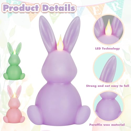 Leorate 3PCS Easter Bunny Flameless Candles – 7.5" Battery Operated LED Rabbit Candles with Flickering Flame, Green Purple Pink Real Wax Finish for Easter Decor, Table Centerpiece & Spring Home - Image 3