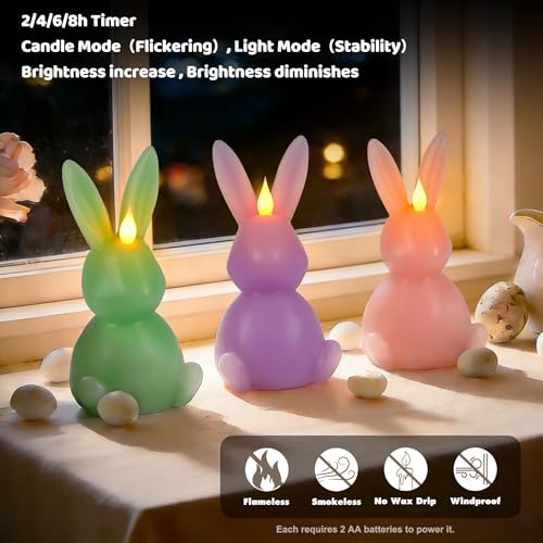 Leorate 3PCS Easter Bunny Flameless Candles – 7.5" Battery Operated LED Rabbit Candles with Flickering Flame, Green Purple Pink Real Wax Finish for Easter Decor, Table Centerpiece & Spring Home - Image 4