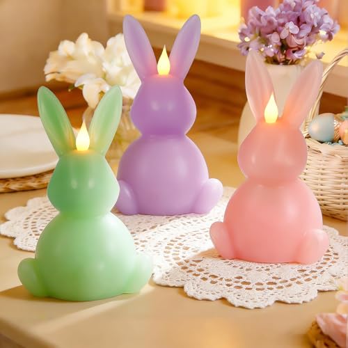 Leorate 3PCS Easter Bunny Flameless Candles – 7.5" Battery Operated LED Rabbit Candles with Flickering Flame, Green Purple Pink Real Wax Finish for Easter Decor, Table Centerpiece & Spring Home - Image 1