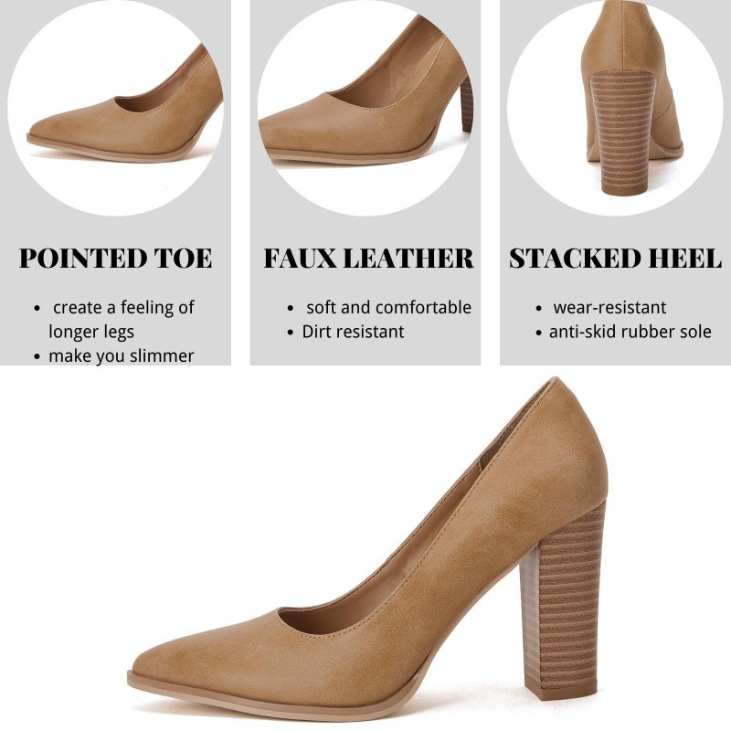 LAICIGO Women's Chunky Block High Heel Pumps Pointed Closed Toe Slip On Wedding Dress Party Shoes Khaki - Image 4