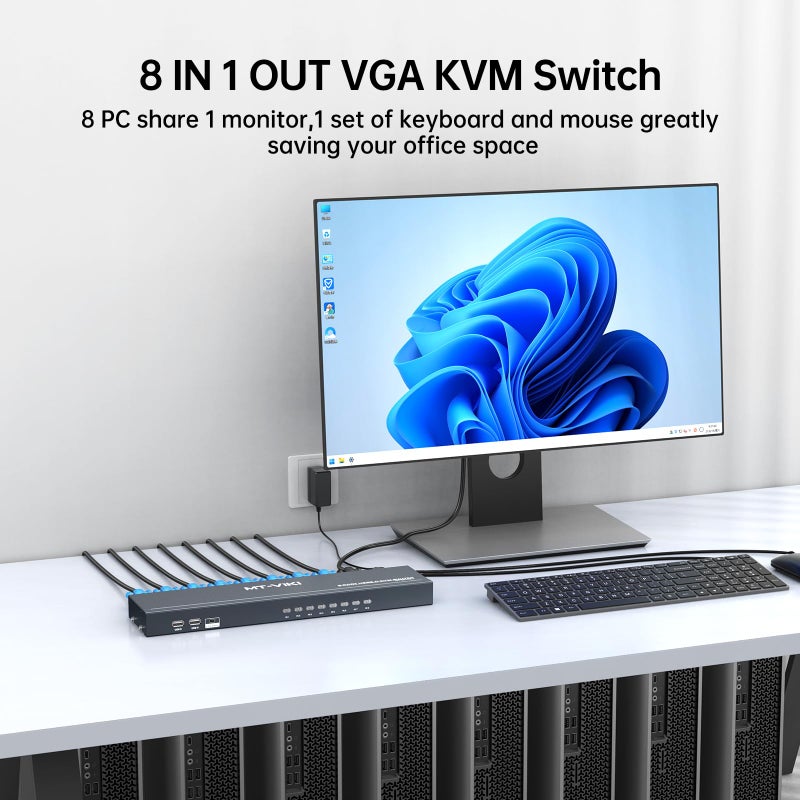 MT-VIKI KVM Switch 8 Port, 8X1 Rackmount KVM Switch VGA, Included 8 2-in-1 KVM Cables & Wire-Desktop Selector & Power Adapter, Fit 1U 19'' Rack - Image 5