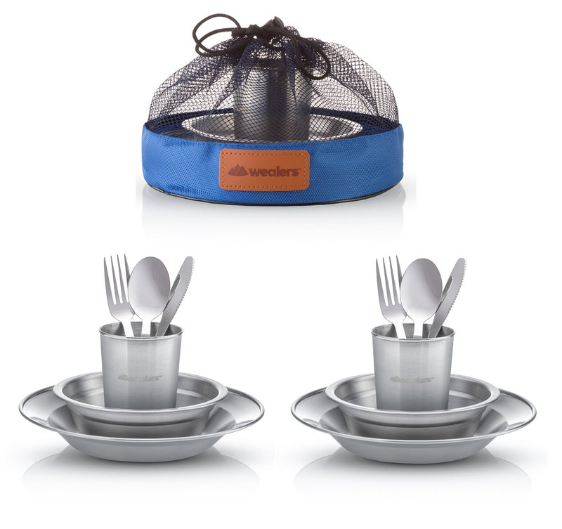 Wealers Unique Complete Messware Kit Polished Stainless Steel Dishes Set| Tableware| Dinnerware| Camping| Buffet| Includes - Cups | Plates| Bowls| Cutlery| Comes in Mesh Bags (2 Person Set Blue) - Image 1