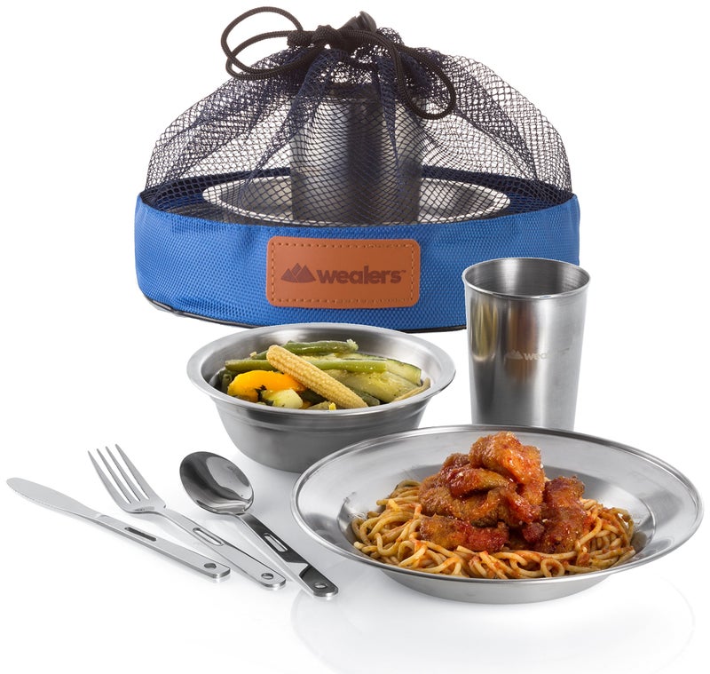 Wealers Unique Complete Messware Kit Polished Stainless Steel Dishes Set| Tableware| Dinnerware| Camping| Buffet| Includes - Cups | Plates| Bowls| Cutlery| Comes in Mesh Bags (2 Person Set Blue) - Image 2