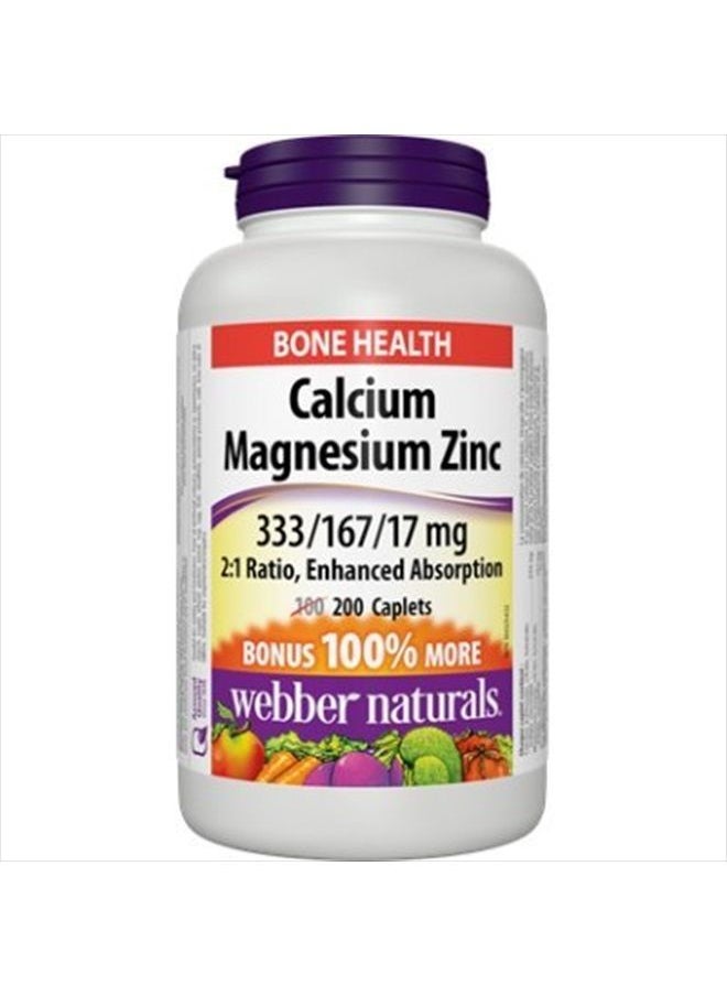 Webber naturals Calcium Magnesium Zinc, Enhanced Absorption, 333/167/17 mg, Bonus 200 caplets  - Image 1