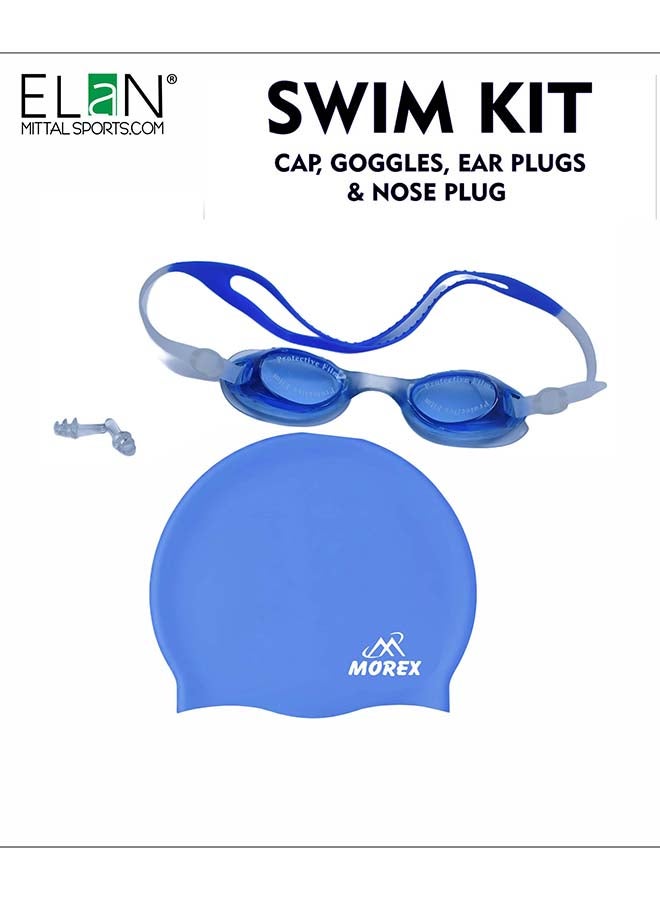 ELAN Morex Swimming Set, Blue Waterproof Silicone Swim Cap, No-Leak Anti-Fog Goggles, Protective Earplugs and Nose Plug Kit, Essential Swim Training Equipment - Image 1