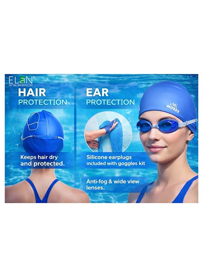 ELAN Morex Swimming Set, Blue Waterproof Silicone Swim Cap, No-Leak Anti-Fog Goggles, Protective Earplugs and Nose Plug Kit, Essential Swim Training Equipment - Image 2