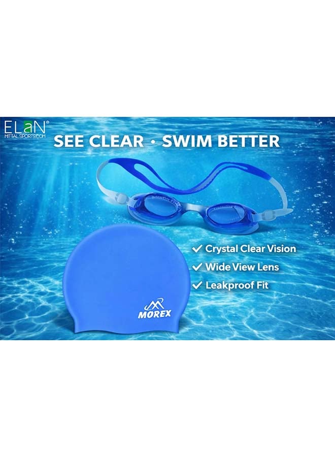 ELAN Morex Swimming Set, Blue Waterproof Silicone Swim Cap, No-Leak Anti-Fog Goggles, Protective Earplugs and Nose Plug Kit, Essential Swim Training Equipment - Image 3