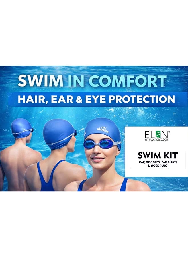 ELAN Morex Swimming Set, Blue Waterproof Silicone Swim Cap, No-Leak Anti-Fog Goggles, Protective Earplugs and Nose Plug Kit, Essential Swim Training Equipment - Image 4