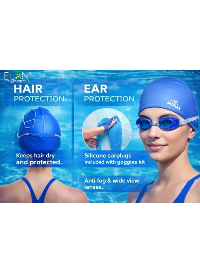 ELAN Morex Swimming Set, Blue Waterproof Silicone Swim Cap, No-Leak Anti-Fog Goggles, Protective Earplugs and Nose Plug Kit, Essential Swim Training Equipment - Image 2