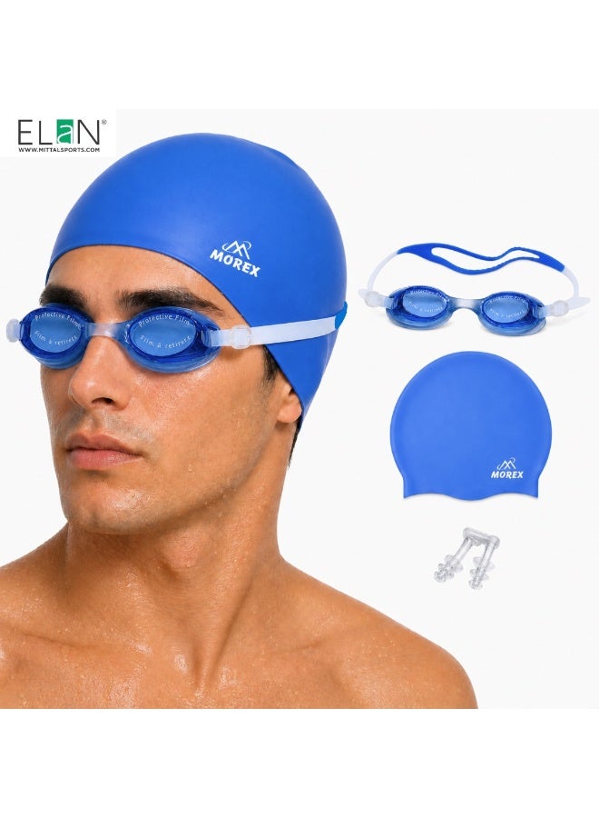 ELAN Morex Swimming Set, Blue Waterproof Silicone Swim Cap, No-Leak Anti-Fog Goggles, Protective Earplugs and Nose Plug Kit, Essential Swim Training Equipment - Image 1