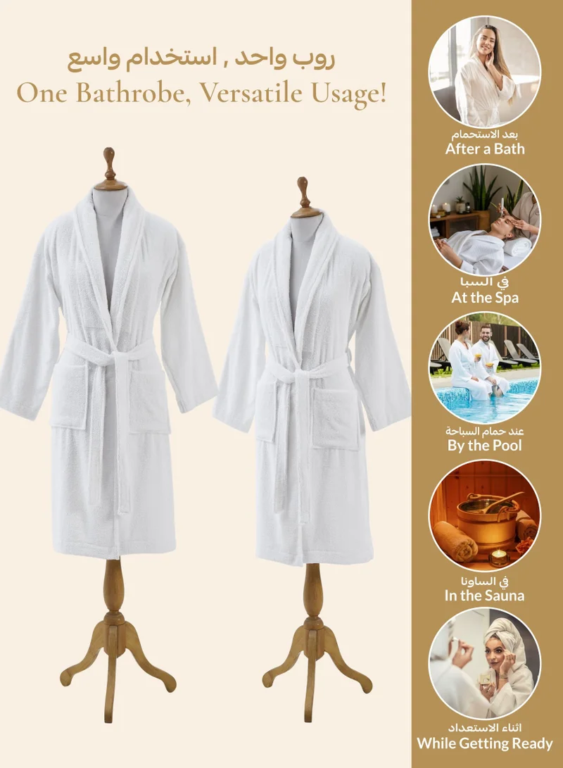 Donetella white Unisex 100% Cotton Terry Bathrobe Small & Medium Size, 400 GSM, Luxurious & Absorbent, Ankle-Length with Shawl Collar & Pockets  | Best Price UAE